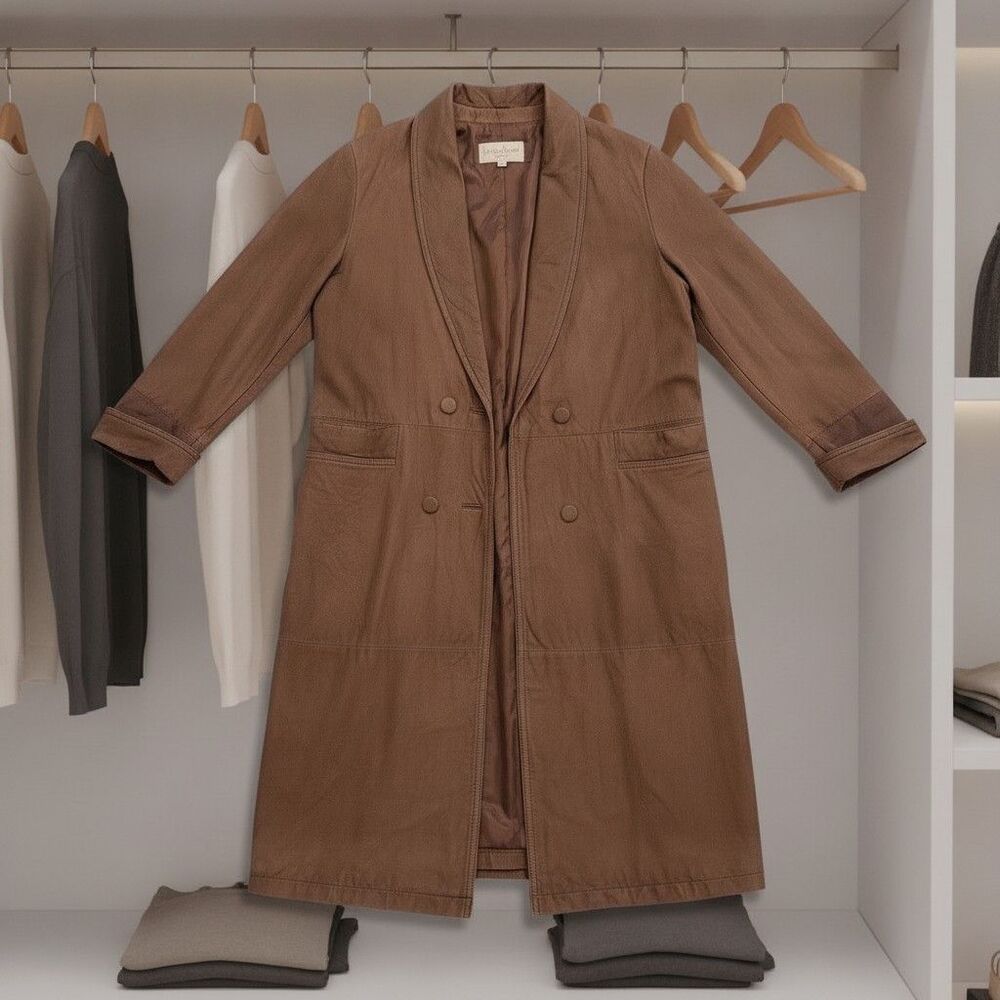 Pelle Studio Women's Brown Leather Trench Coat Double Breasted Shawl Collar L - Picture 2 of 6